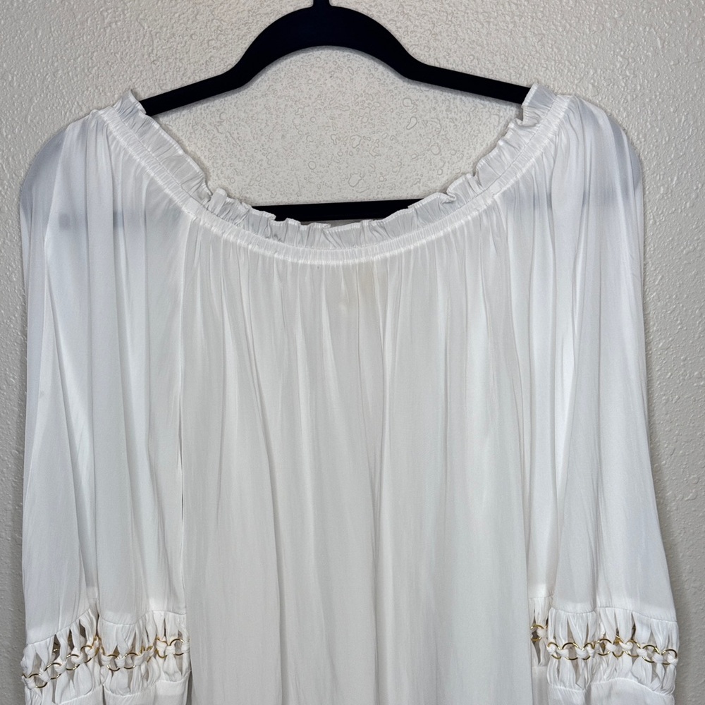 Ramy Brook White Blouse with Gold‎ Circular Accents Peasant Flowy Boho Fairy - S - Picture 8 of 10